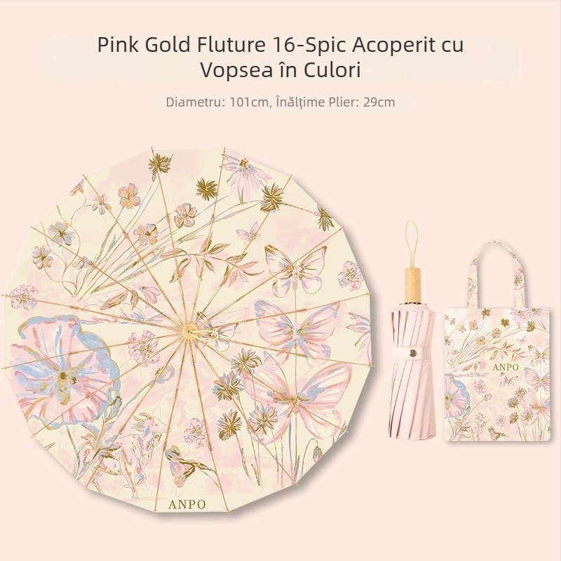 Umbrelă chineză, stil pentru soare și ploaie, cu 16 spițe, protecție UV >50, pliabilă, cu brațe din aluminiu