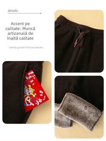 Pantaloni sport femei cu căptușeală fleece, croială lejeră, lungi, grosime medie, ușoară elasticitate
