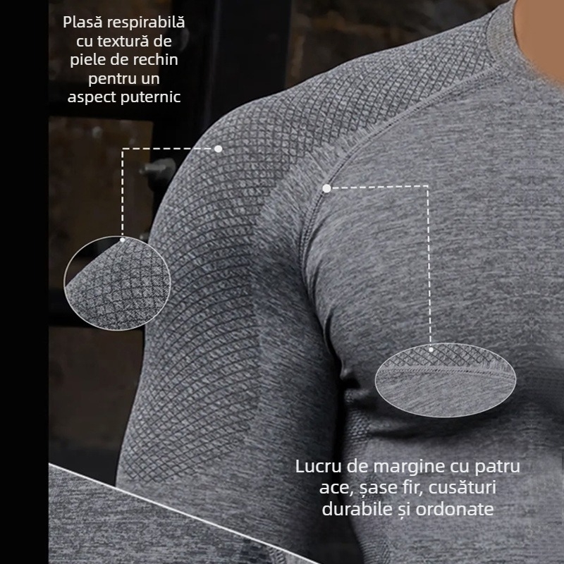 Tricou bărbați Jacquard fără cusături pentru fitness – uscare rapidă, guler rotund, ușor, 57% nailon / 37% poliester / 6% spandex