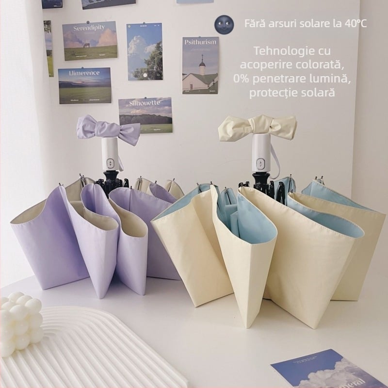 Umbrelă automată pliabilă pentru femei, cu ramă de 8 brațe, material 190T, tijă din oțel, mâner din cauciuc, protecție UV UPF50+, rezistentă la vânt și ploaie