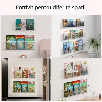 Raft de perete din acrilic transparent, montaj fără găuri, polițe reglabile pentru cărți
