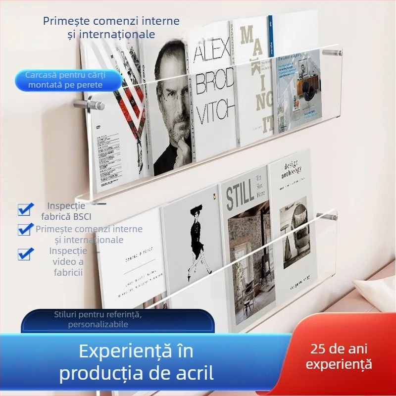 Raft de perete din acrilic transparent, montaj fără găuri, polițe reglabile pentru cărți