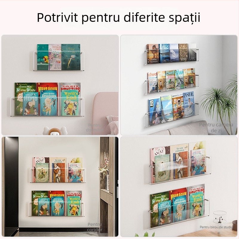 Raft de perete din acrilic transparent, montaj fără găuri, polițe reglabile pentru cărți