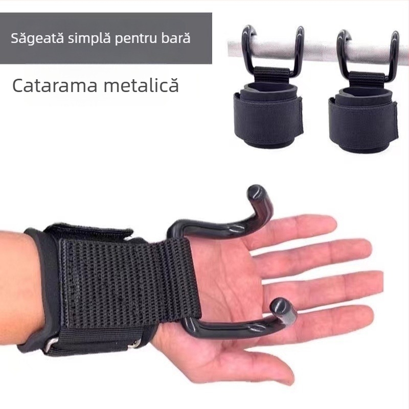 Protecție încheietură pentru tracțiuni cu mănuși cu cârlig și curea auxiliară – cârlig unic, fibră poliester, pentru fitness și tracțiuni