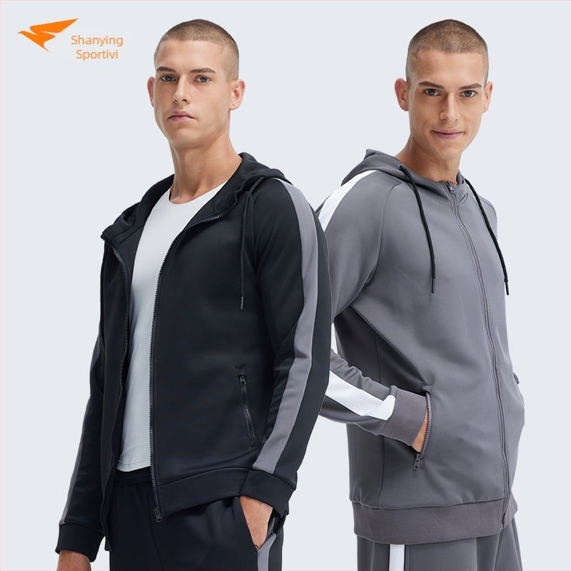 Set sport masculin pentru alergare, toamnă-iarnă, cu mâneci lungi și glugă, uscare rapidă, din amestec poliester-elastan, țesătură groasă