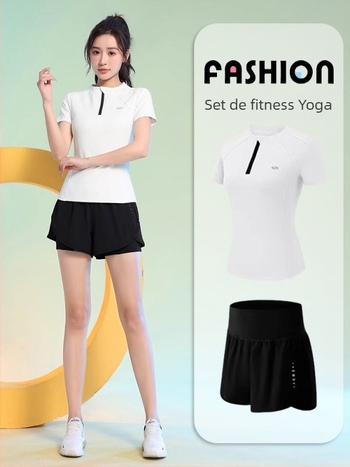 Set sportiv feminin de vară: tricou scurt pentru tenis și alergare, uscare rapidă, croială slim, guler înalt, poliester/elastan 93,3%/6,7%