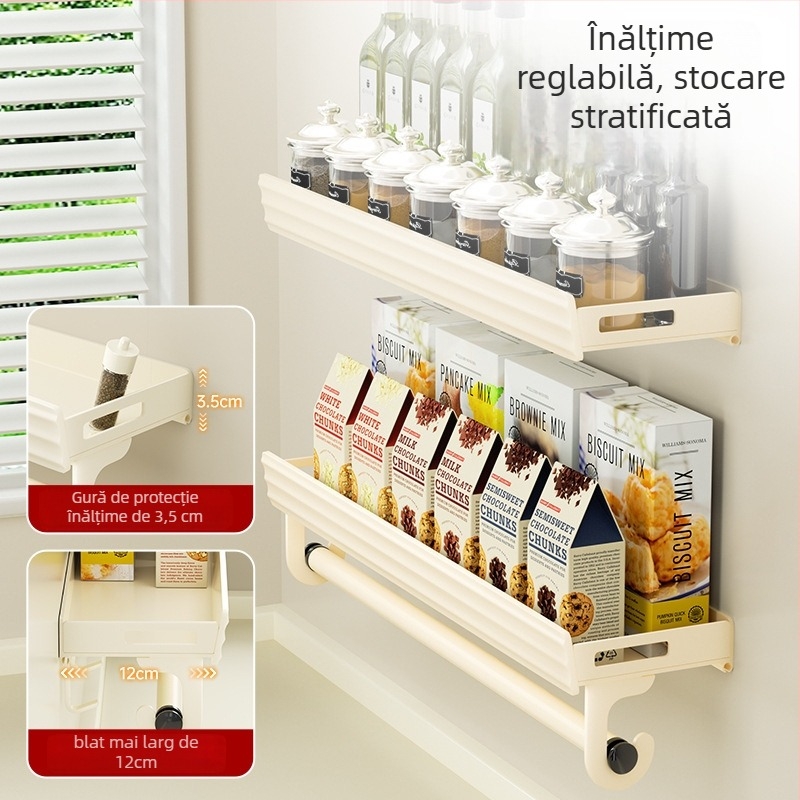 Raft de bucătărie montat pe perete, fără găuri, aluminiu de calitate aerospațială, multifuncțional, cu cârlige sau bare