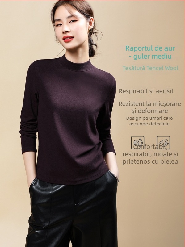 Top de bază cu mâneci lungi, guler mediu, croială slim, amestec lână–Lyocell 70-80%