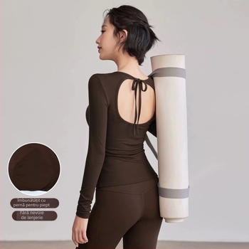 Top de yoga cu spate deschis, bretele din sfoară, cu pernă pentru bust, din Nailon-Spandex, respirabil, mâneci lungi, lungime regulată