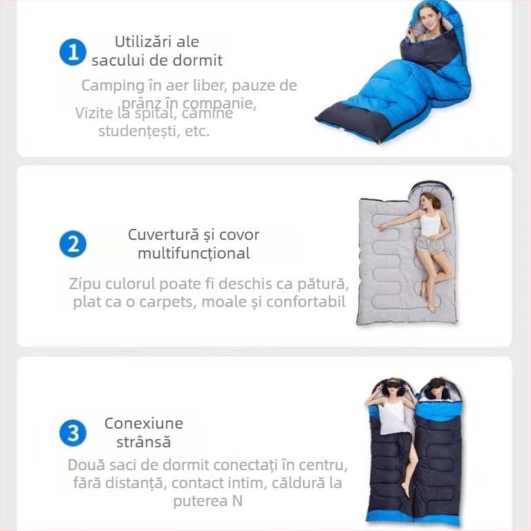 Sac de dormit tip plic, umplutură din fibre goale, căptușeală poliester-cotton, țesătură Chunya Spinning, greutate 0.7–2.4 kg