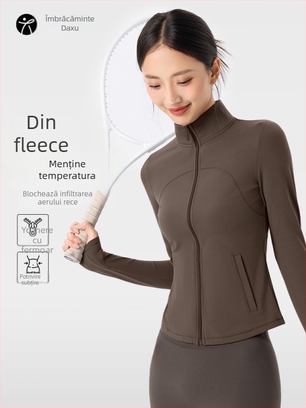 Geacă sport din fleece pentru femei, pentru yoga, mâneci lungi, croială slim, guler înalt cu fermoar, lungime până la abdomen, căldură sporită