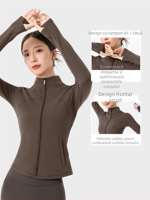 Geacă sport din fleece pentru femei, pentru yoga, mâneci lungi, croială slim, guler înalt cu fermoar, lungime până la abdomen, căldură sporită