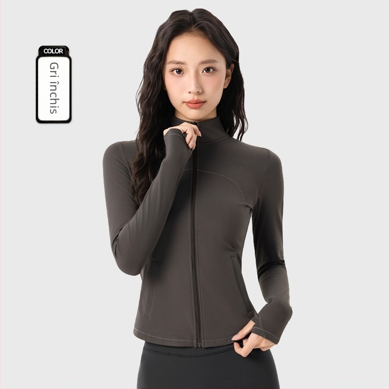 Geacă sport din fleece pentru femei, pentru yoga, mâneci lungi, croială slim, guler înalt cu fermoar, lungime până la abdomen, căldură sporită