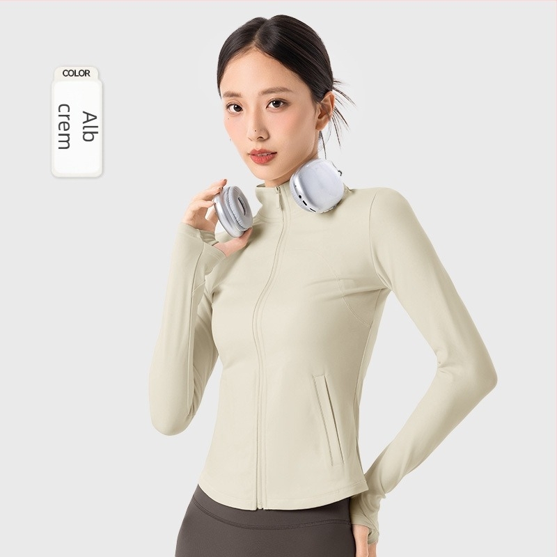 Geacă sport din fleece pentru femei, pentru yoga, mâneci lungi, croială slim, guler înalt cu fermoar, lungime până la abdomen, căldură sporită