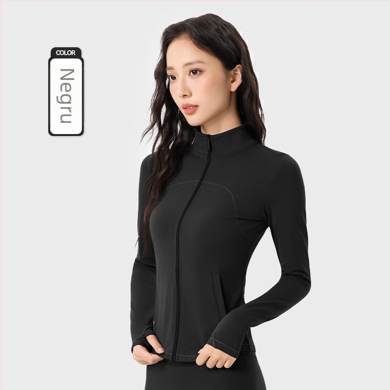 Geacă sport din fleece pentru femei, pentru yoga, mâneci lungi, croială slim, guler înalt cu fermoar, lungime până la abdomen, căldură sporită