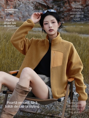 Cardigan din fleece cu guler înalt, pentru femei, exterior de iarnă/toamnă, fără glugă, căptușit cu fleece