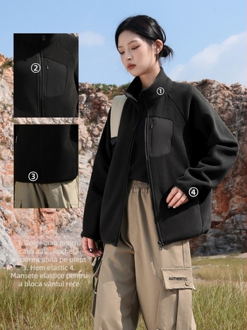 Cardigan din fleece cu guler înalt, pentru femei, exterior de iarnă/toamnă, fără glugă, căptușit cu fleece