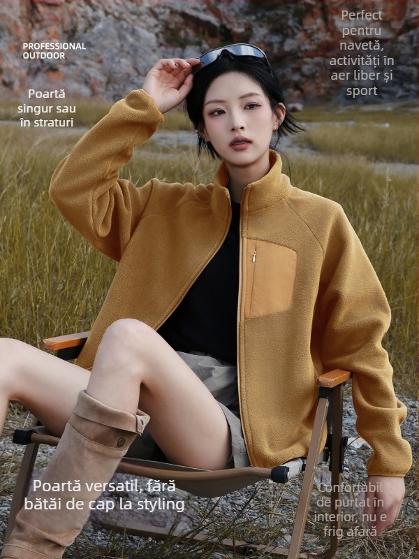 Cardigan din fleece cu guler înalt, pentru femei, exterior de iarnă/toamnă, fără glugă, căptușit cu fleece
