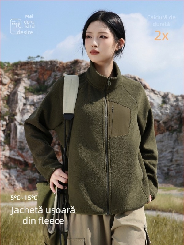 Cardigan din fleece cu guler înalt, pentru femei, exterior de iarnă/toamnă, fără glugă, căptușit cu fleece