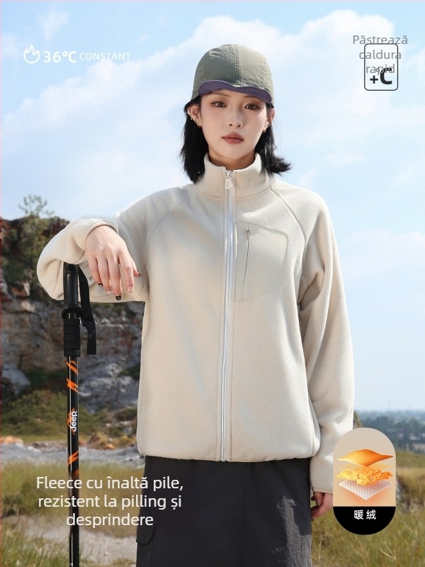 Cardigan din fleece cu guler înalt, pentru femei, exterior de iarnă/toamnă, fără glugă, căptușit cu fleece