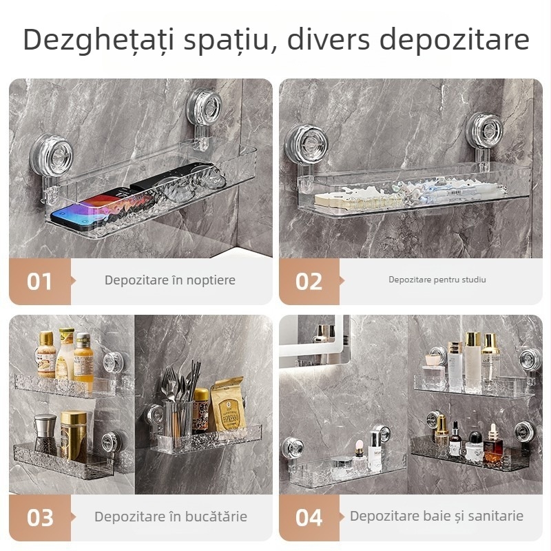 Raft cu ventuză pentru baie, din plastic, 1 etaj, montaj fără găuri, pentru baie, bucătărie și spațiu de spălat