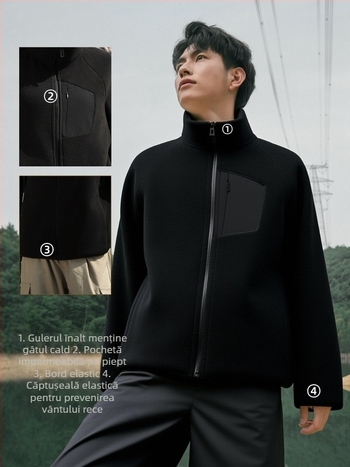 Top din fleece pentru bărbați, cu guler înalt – stil cămașă deschis, cald pentru toamnă și iarnă