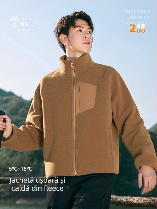 Top din fleece pentru bărbați, cu guler înalt – stil cămașă deschis, cald pentru toamnă și iarnă