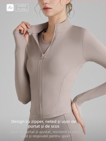Jachetă de yoga pentru femei, mâneci lungi, lungime pe șolduri, țesătură poliamidă-spandex, compoziție 75% nylon, 25% spandex, elasticitate ridicată