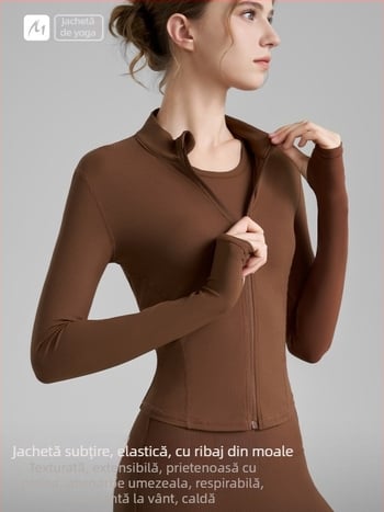Jachetă de yoga pentru femei, mâneci lungi, lungime pe șolduri, țesătură poliamidă-spandex, compoziție 75% nylon, 25% spandex, elasticitate ridicată