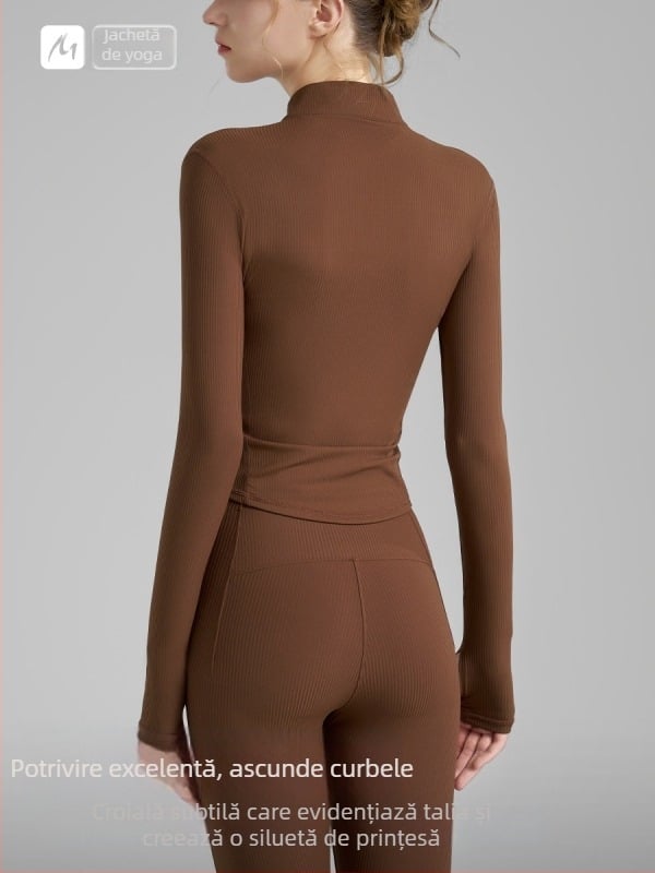 Jachetă de yoga pentru femei, mâneci lungi, lungime pe șolduri, țesătură poliamidă-spandex, compoziție 75% nylon, 25% spandex, elasticitate ridicată