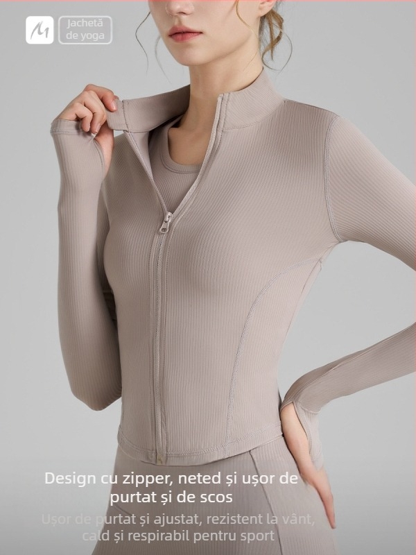 Jachetă de yoga pentru femei, mâneci lungi, lungime pe șolduri, țesătură poliamidă-spandex, compoziție 75% nylon, 25% spandex, elasticitate ridicată