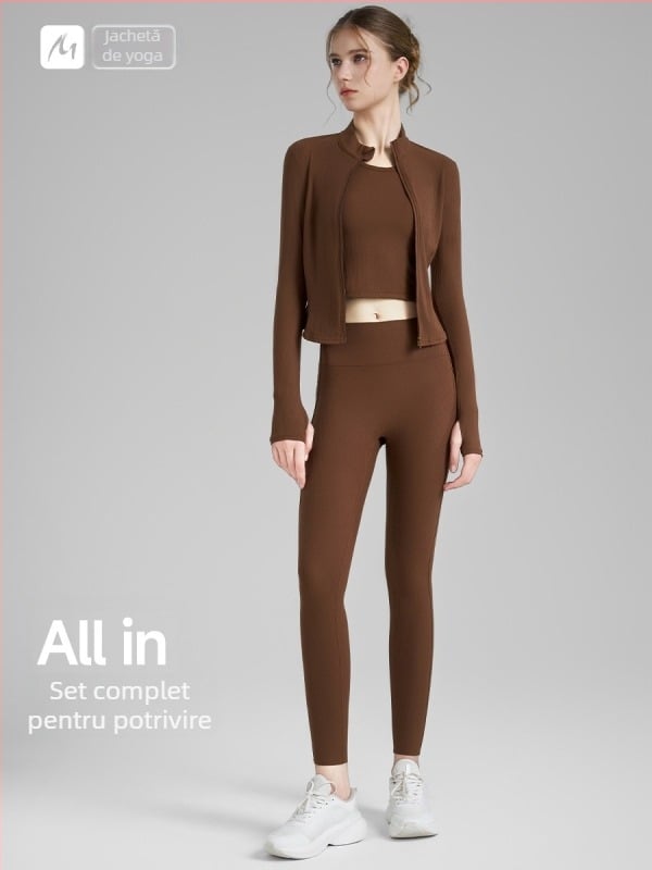 Jachetă de yoga pentru femei, mâneci lungi, lungime pe șolduri, țesătură poliamidă-spandex, compoziție 75% nylon, 25% spandex, elasticitate ridicată