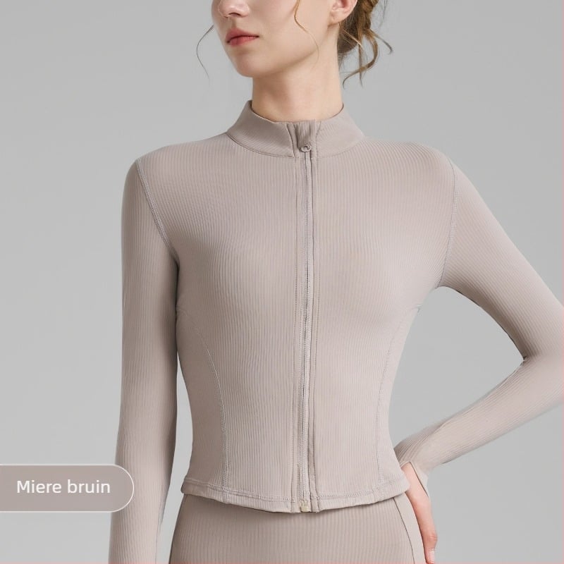 Jachetă de yoga pentru femei, mâneci lungi, lungime pe șolduri, țesătură poliamidă-spandex, compoziție 75% nylon, 25% spandex, elasticitate ridicată