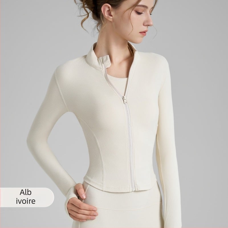 Jachetă de yoga pentru femei, mâneci lungi, lungime pe șolduri, țesătură poliamidă-spandex, compoziție 75% nylon, 25% spandex, elasticitate ridicată