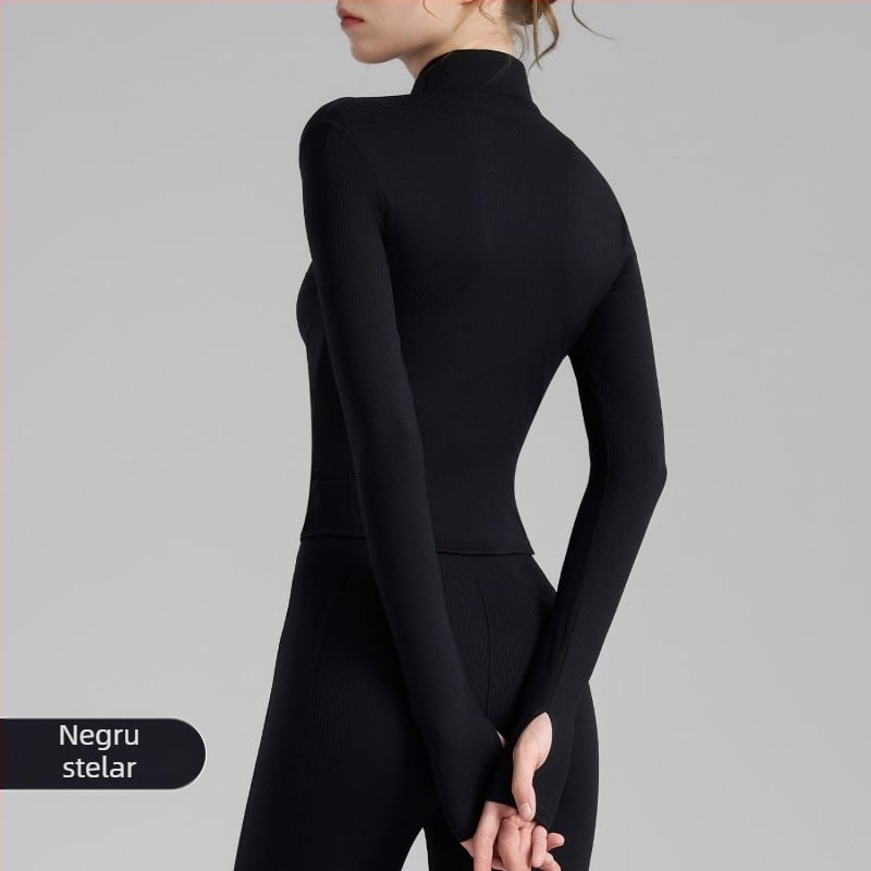 Jachetă de yoga pentru femei, mâneci lungi, lungime pe șolduri, țesătură poliamidă-spandex, compoziție 75% nylon, 25% spandex, elasticitate ridicată