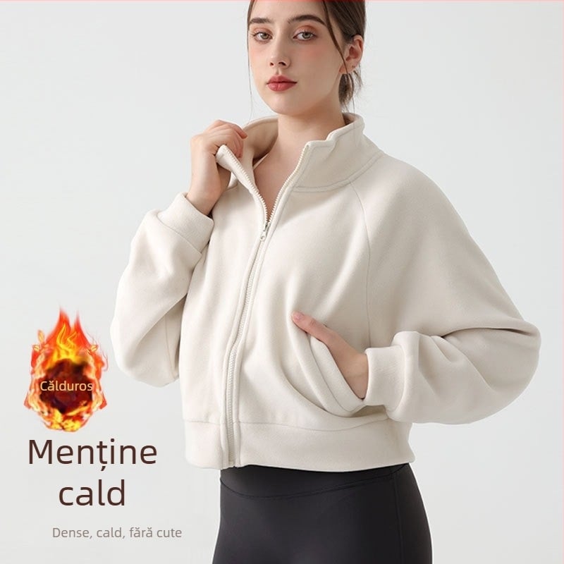 Palton damă de iarnă cu guler înalt, fleece gros, buzunare, Ori Velvet material