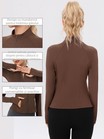 Hanorac de yoga pentru femei cu fermoar și guler înalt, fleece călduros, croială Slim, mâneci lungi, lungime pe șolduri, 75% nailon + 25% spandex