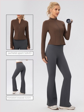 Hanorac de yoga pentru femei cu fermoar și guler înalt, fleece călduros, croială Slim, mâneci lungi, lungime pe șolduri, 75% nailon + 25% spandex