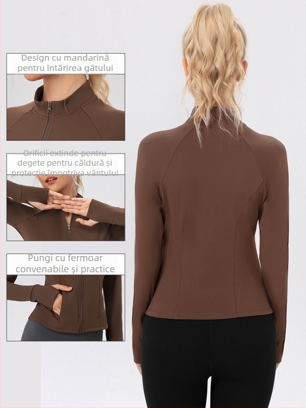 Hanorac de yoga pentru femei cu fermoar și guler înalt, fleece călduros, croială Slim, mâneci lungi, lungime pe șolduri, 75% nailon + 25% spandex