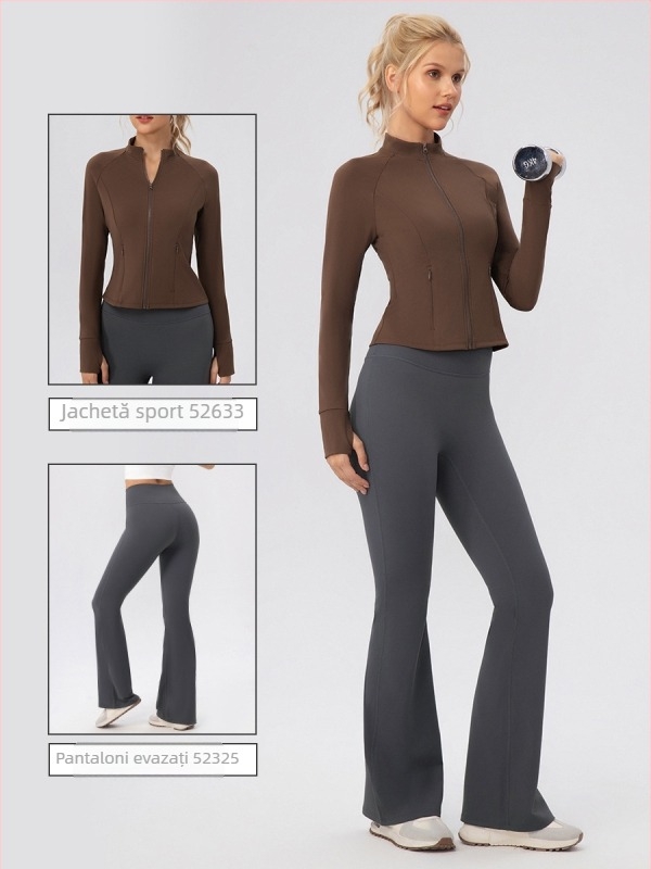 Hanorac de yoga pentru femei cu fermoar și guler înalt, fleece călduros, croială Slim, mâneci lungi, lungime pe șolduri, 75% nailon + 25% spandex