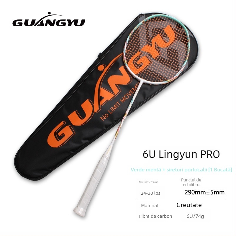 Rachetă de badminton, ramă din fibră de carbon, pentru începători, șaft drept, greutate 75–79 g
