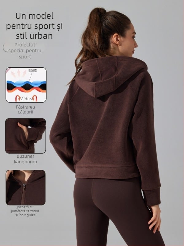 Jachetă de yoga cu glugă, căptușită cu fleece, fermoar frontal, Ao-grain velvet țesătură, mâneci lungi
