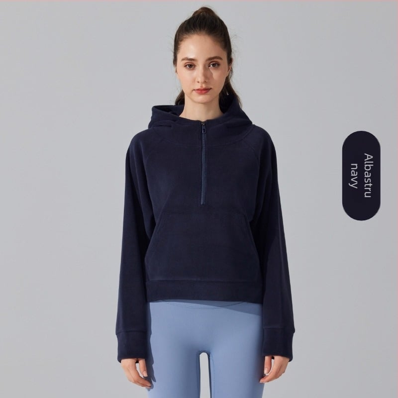 Jachetă de yoga cu glugă, căptușită cu fleece, fermoar frontal, Ao-grain velvet țesătură, mâneci lungi
