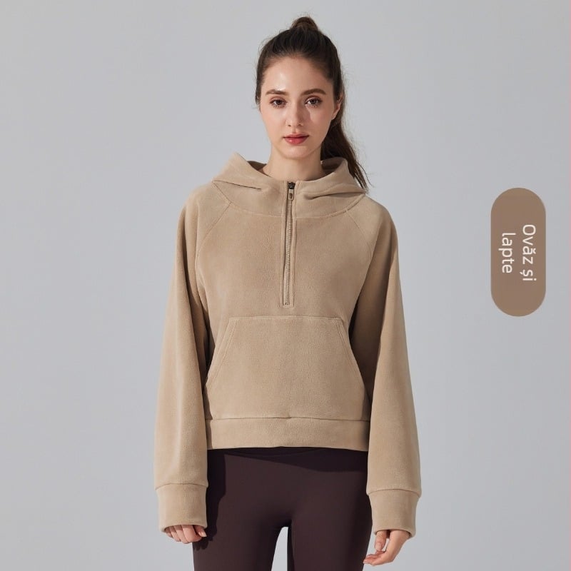 Jachetă de yoga cu glugă, căptușită cu fleece, fermoar frontal, Ao-grain velvet țesătură, mâneci lungi