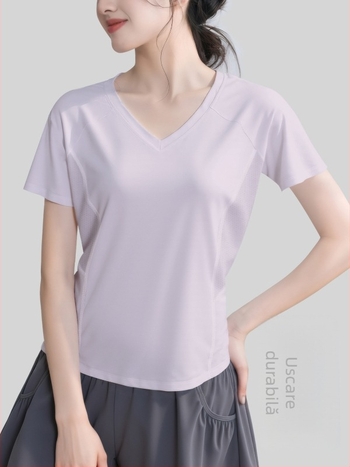 Tricou sport cu design cu plasă la spate, respirabil pentru alergare și yoga; croială lejeră; material poliester + spandex; compoziție 88% poliester, 12% spandex; mâneci 25–29 cm; lungime 55–65 cm