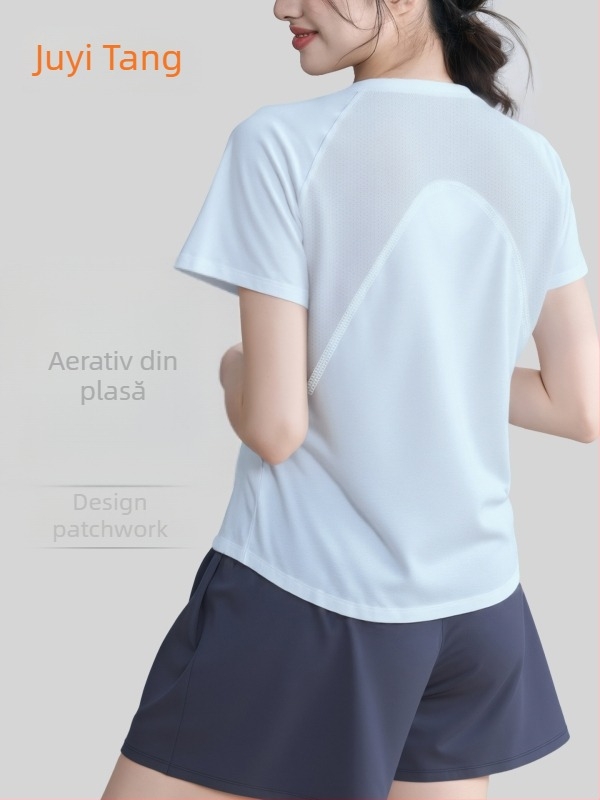 Tricou sport cu design cu plasă la spate, respirabil pentru alergare și yoga; croială lejeră; material poliester + spandex; compoziție 88% poliester, 12% spandex; mâneci 25–29 cm; lungime 55–65 cm