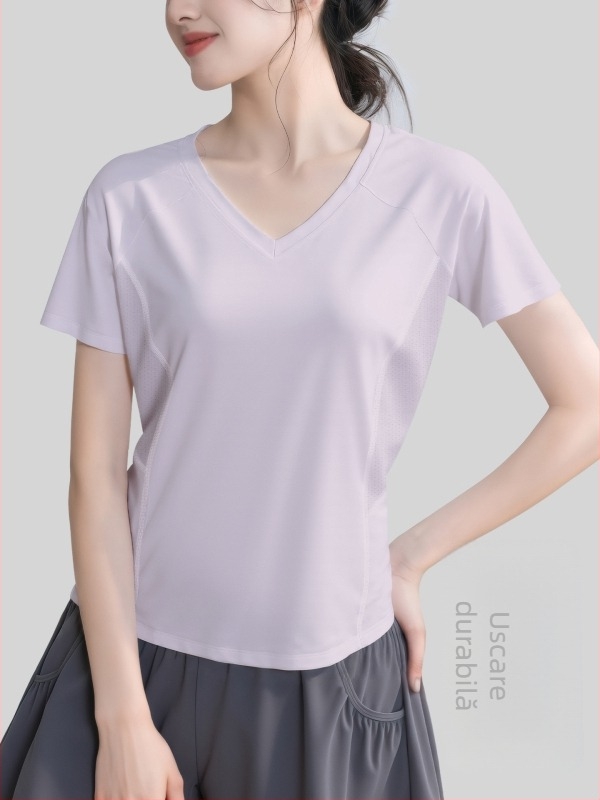 Tricou sport cu design cu plasă la spate, respirabil pentru alergare și yoga; croială lejeră; material poliester + spandex; compoziție 88% poliester, 12% spandex; mâneci 25–29 cm; lungime 55–65 cm