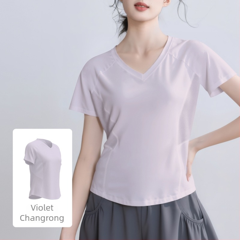 Tricou sport cu design cu plasă la spate, respirabil pentru alergare și yoga; croială lejeră; material poliester + spandex; compoziție 88% poliester, 12% spandex; mâneci 25–29 cm; lungime 55–65 cm