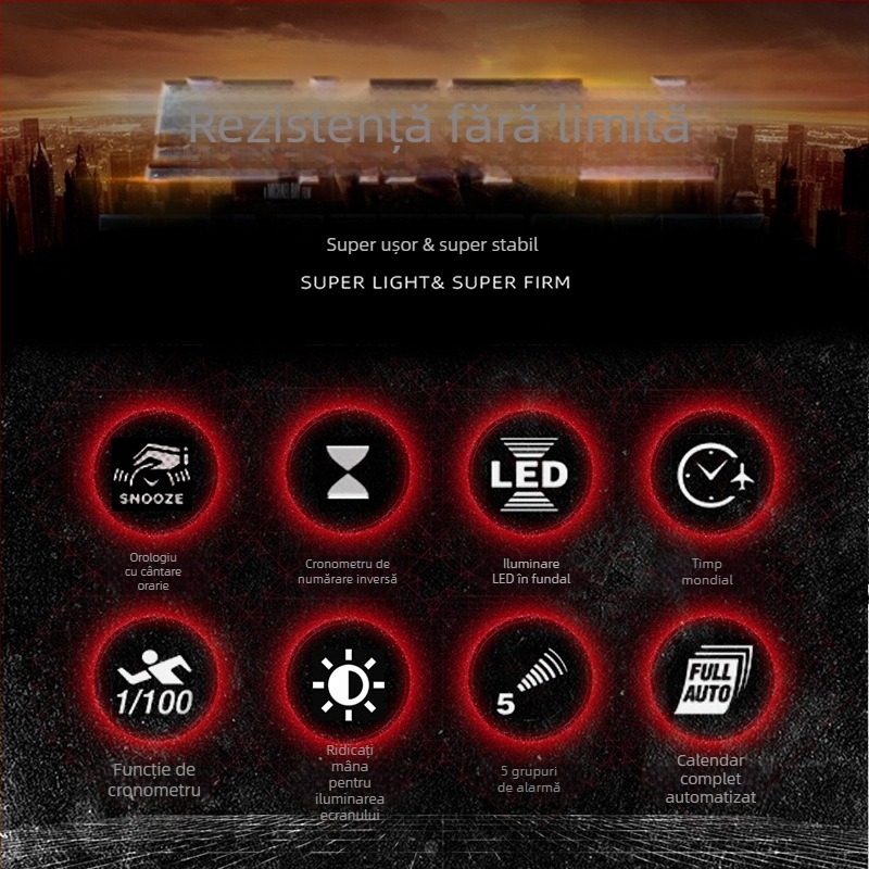 Ceas sport de drumeții montane cu carcasă din fibră de carbon, curea din silicon, rezistență la apă 50 m, mișcare electronică, funcție luminoasă