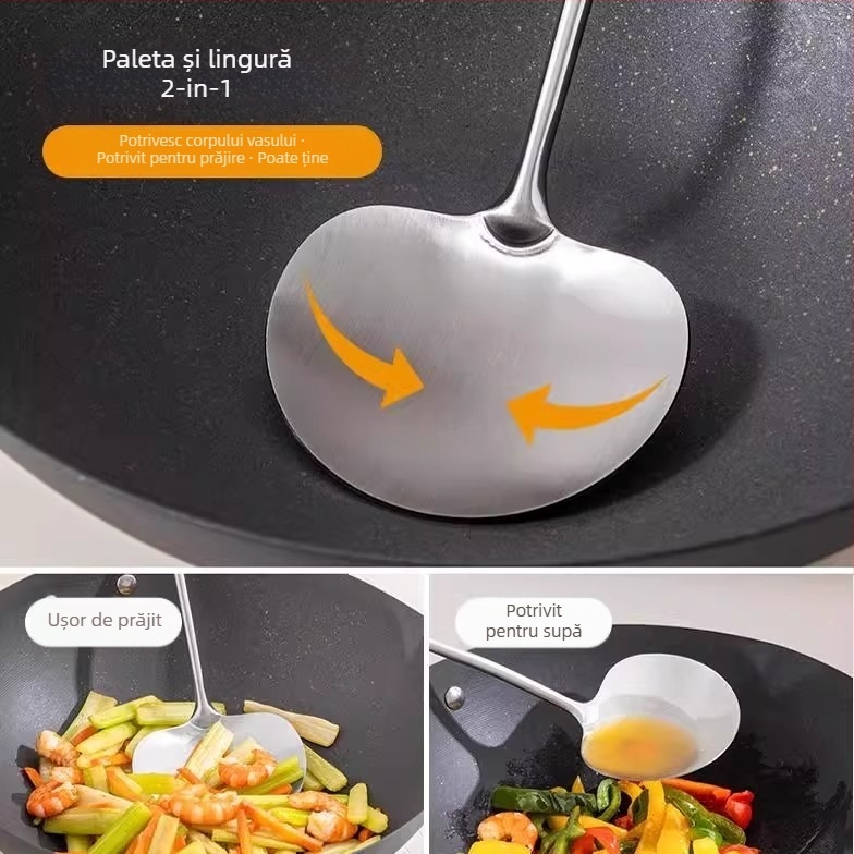 Lingură de bucătărie din oțel inoxidabil 304, mâner din lemn, antiaderent, rezistent la căldură, mâner lung